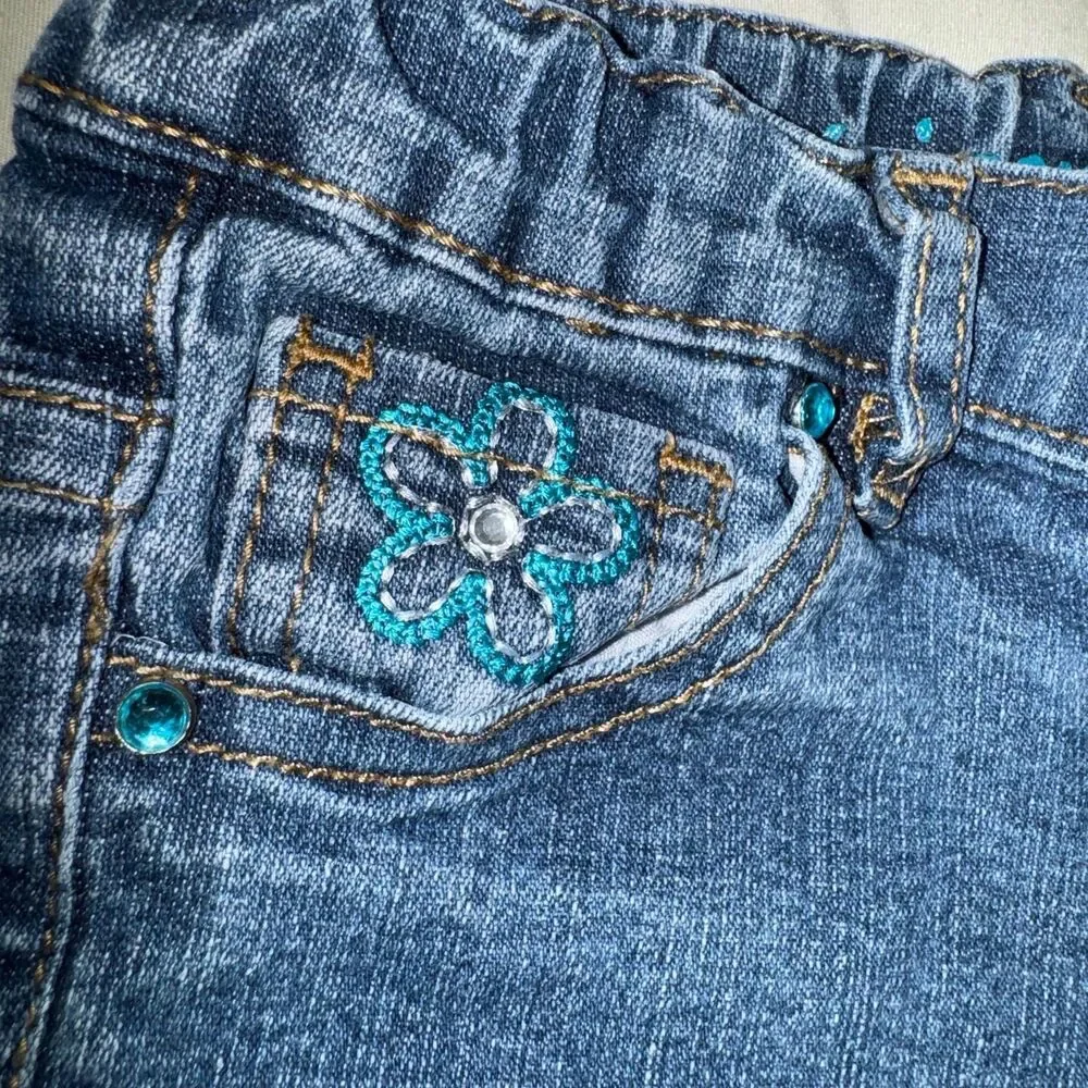 Arizona Jean Bootcut Flair Girl's 5 Blue Denim Pants Adjustable Sequin Pocket